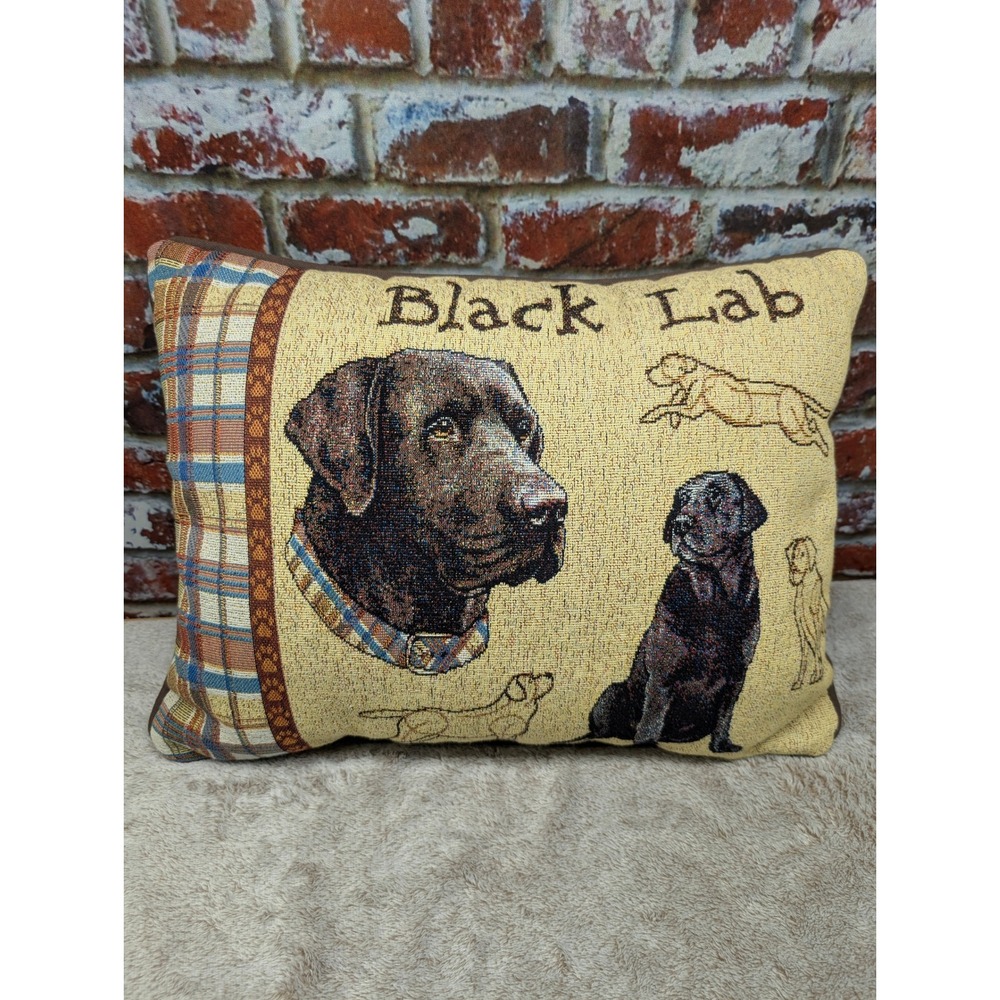 Black Lab Labrador Woven Tapestry Throw Pillow Plaid Dog Portrait Rustic Accent